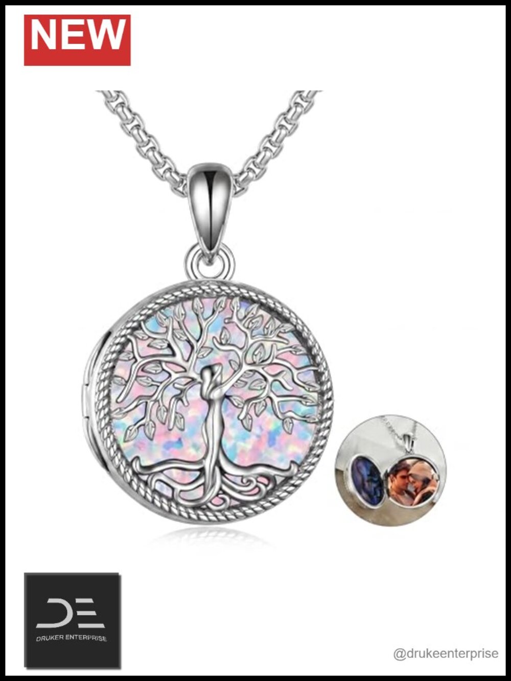18K White Gold Plated Opal Tree of Life Locket Necklace for Women, Memorial